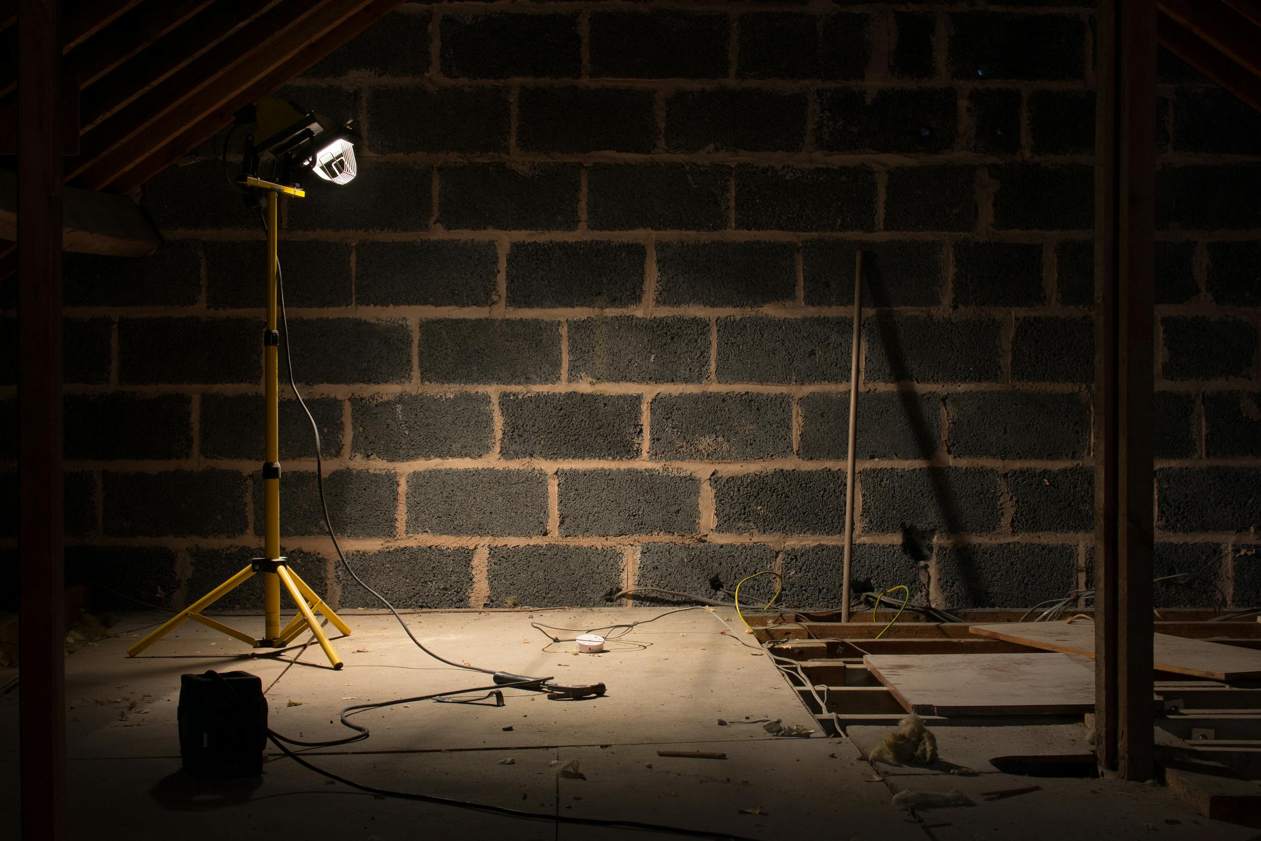 A dimly lit attic space under renovation with a construction lamp illuminating the scene.